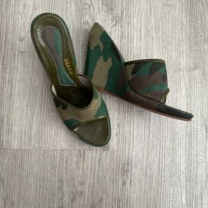 Besso Green Camouflage Wedge Sandals Sz 6.5 made in italy streeetwear